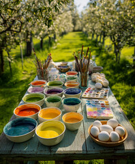 Colorful Easter egg painting setup on rustic table surrounded by blooming orchard trees