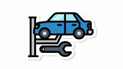 Fototapeta premium Blue sedan on a car lift with a wrench below