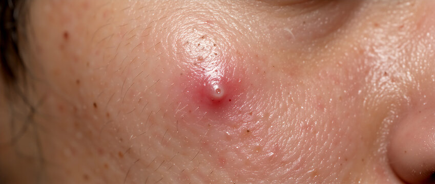Macro shot of an inflamed pimple with a whitehead on human skin. Close up of acne vulgaris and clogged pores. Dermatology and skincare concept