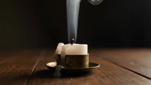 Candle flame being extinguished with a metal snuffer. White smoke rising from the wick on a wooden table. Romantic Valentine's Day concept