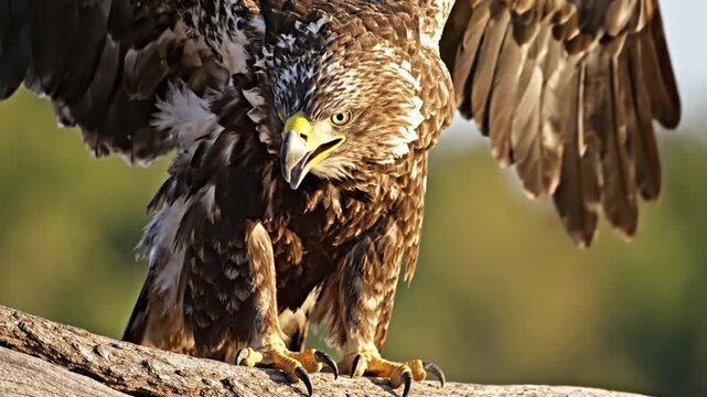 Majestic eagle perched on a branch opens its wings and lets out a piercing call in natural environment