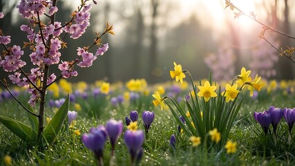 Vibrant spring garden with blooming flowers