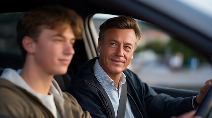 A driving instructor providing guidance to a nervous learner driver behind the wheel, both focused on the road ahead while parked in a suburban area, exemplifying patience and mentorship. cinematic