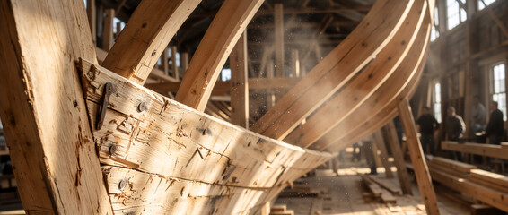 Skeletal ribs of a large wooden ship hull under construction. Traditional boat building in a sunny workshop. Carpentry and craftsmanship concept