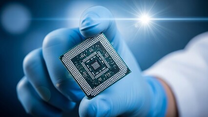 Computer circuit board with microchips and electronic components close-up