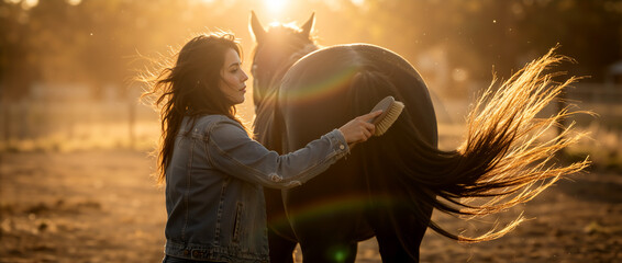 Young woman grooming a dark horse at sunset. Female equestrian brushing the tail of a horse in a sunlit field. Panoramic banner