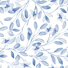 Seamless Blue Watercolor Floral Pattern with Delicate Branches