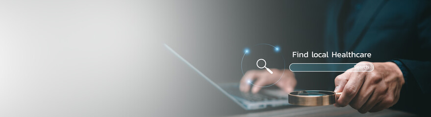 Digital healthcare search and medical information concept with magnifying glass interface, online health services, patient access, telemedicine support, and modern medical technology.