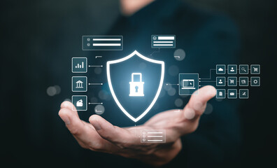 Digital security and data protection concept with secure shield interface, privacy control, information safety, cybersecurity system, and modern technology for business and online protection.