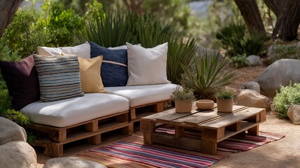 A cozy outdoor picnic setup featuring colorful blankets and a rustic pallet serving as a low coffee table, inviting friends to gather in a charming garden setting. cinematic color correction,