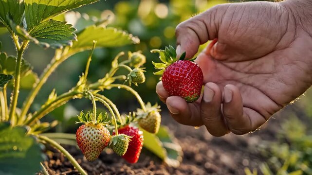 Farmer hand touching a ripe red strawberry in a garden. Close-up of harvesting fresh organic fruit on a farm during sunset. Agriculture and healthy food concept