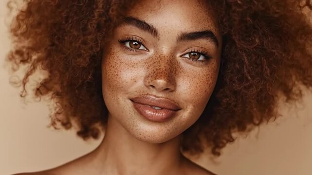 A close-up portrait of a smiling woman with curly hair and freckles.