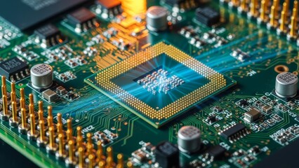 Computer processor CPU on motherboard circuit board with blue light