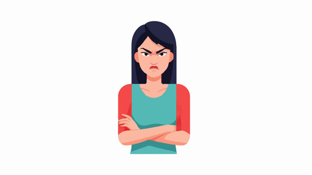 Angry woman with crossed arms, dark hair, and a displeased expression