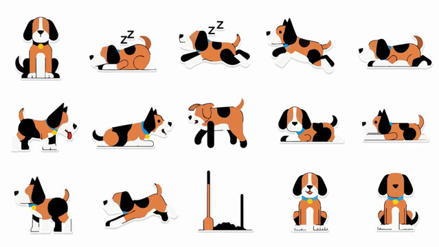 Animated cartoon beagle dogs in various playful poses, sleeping, running, and sitting