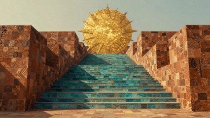 Golden sun structure above blue tiled staircase