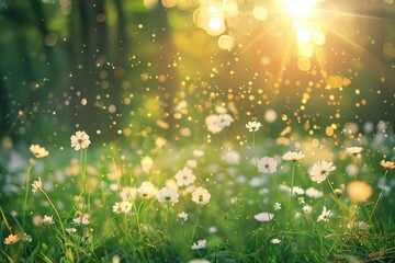 A dreamy meadow with white wildflowers and glowing bokeh particles, AI-generated.
