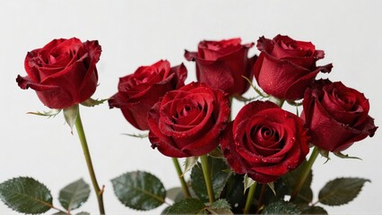 Red roses with water droplets on white background