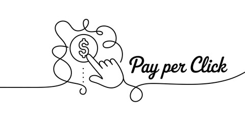 Pay per click advertising concept with hand cursor clicking dollar sign in continuous line art