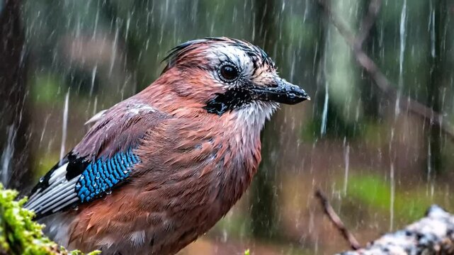 European jay bird perched on a branch in the rain with water droplets falling and forest background