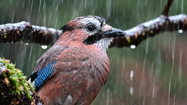 European jay bird perched on a branch in the heavy rain with water droplets and wet feathers during stormy weather
