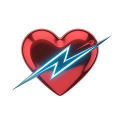 Futuristic metallic red heart with blue lightning bolt piercing through it... isolated on a transparent background
