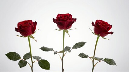 Fototapeta premium Three red roses with dew on white background
