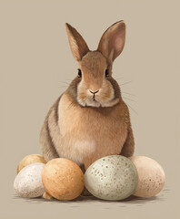 Brown bunny sitting behind pastel speckled eggs in clean studio setting