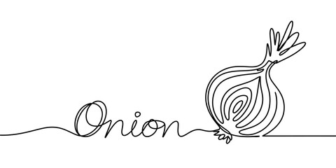 Minimalist continuous line art drawing of an onion with the word 'onion' incorporated