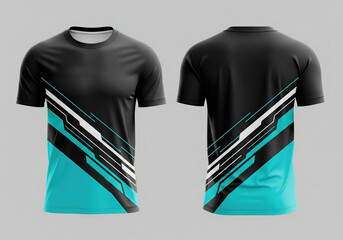 A dynamic sports T-shirt with sharp turquoise and white stripes on a black background. A modern, energetic digital graphic design representing speed.