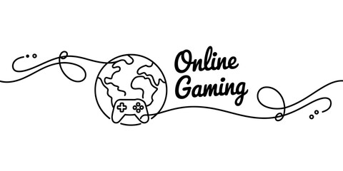 Global online gaming concept with a world map and game controller in continuous line art