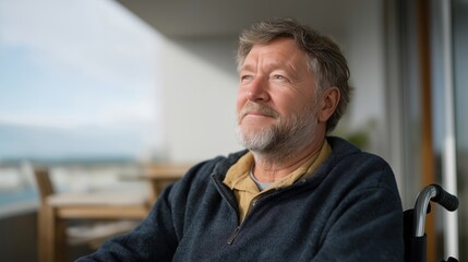 Obraz premium An older adult in a wheelchair enjoying fresh air on a balcony or terrace, emphasizing quality of life, dignity, and senior wellness. cinematic color correction, natural uneven lighting yet gentle