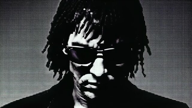 Pixelated portrait of a person in sunglasses. Monochromatic digital artwork