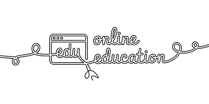 Continuous line art illustration of online education with a browser window and 'edu' text