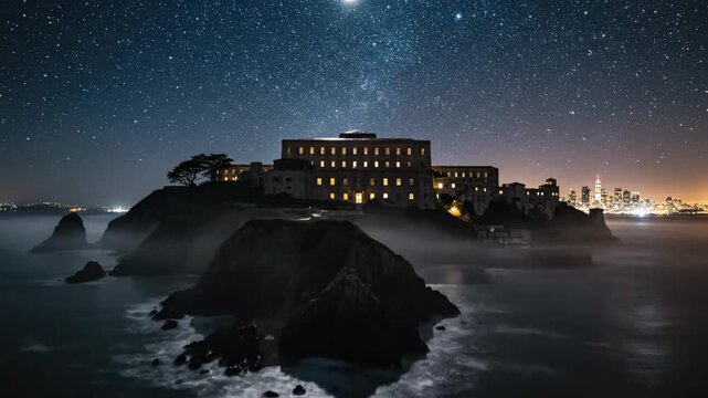 Scenic night view of Alcatraz Island prison illuminated under a starry sky overlooking San Francisco.