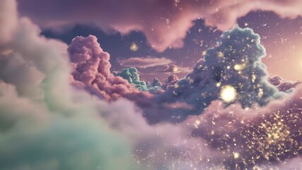 Dreamy pastel cloudscape sunset with pink and teal cumulus formation and golden sparkles drifting through soft atmospheric light, pastel cloudscape dreamy cloud magical light soft texture twilight - Powered by Adobe