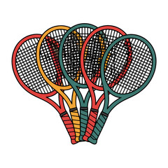 Four colorful tennis rackets with vibrant handles and strings transparent... isolated on a transparent background