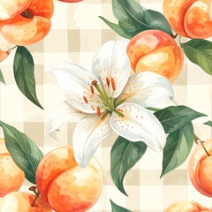 White Lily with Peach Fruits on Beige Gingham Watercolor Background