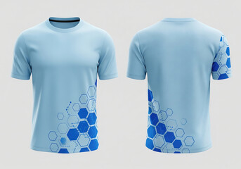A technological t-shirt design featuring a dark blue hexagon and honeycomb pattern on a light blue background. Lightweight sportswear themed around science, data, and digital networks.