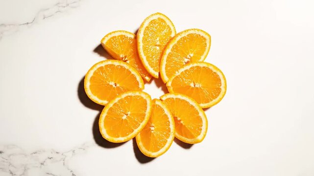 Fresh orange slices arranged in a sunburst pattern on a marble surface, radiating vibrant color and texture