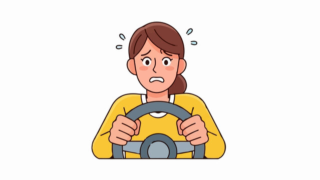 Anxious person gripping steering wheel, eyes wide, sweat drops indicating stress