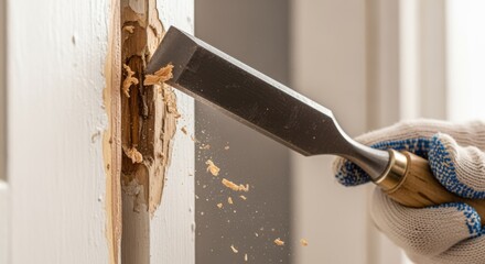 Closeup on chisel removing soft rotted door jamb filler before prepping surface for patch repair and sealing.
