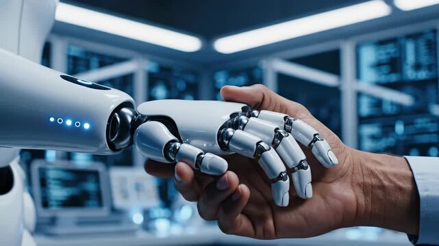 Close-up of a handshake between a human and a robot. Concept of artificial intelligence and human collaboration in a futuristic tech environment. Future technology partnership