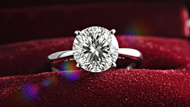 Sparkling diamond engagement ring in a red velvet box. Close-up of a brilliant solitaire gemstone shining with starburst effects. Luxury jewelry concept for wedding proposal or Valentine's Day gift