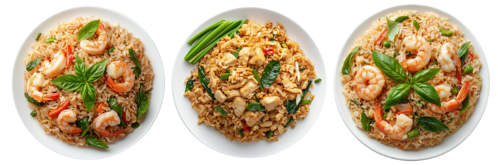 Spicy chicken fried rice Khao Pad with vegetables and herbs, isolated on white background, concept of Asian food