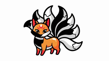 Fototapeta premium Adorable multi-tailed fox with orange body, black and white striped fur details