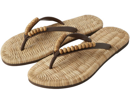 Eco friendly flip flops made of woven natural with wooden bead straps... isolated on a transparent background