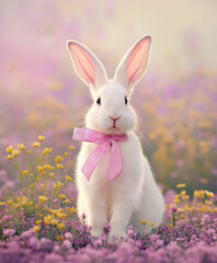 White bunny with pink bow sitting among blooming wildflowers in pastel spring field