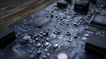 Close-up of a computer circuit board with microchips.