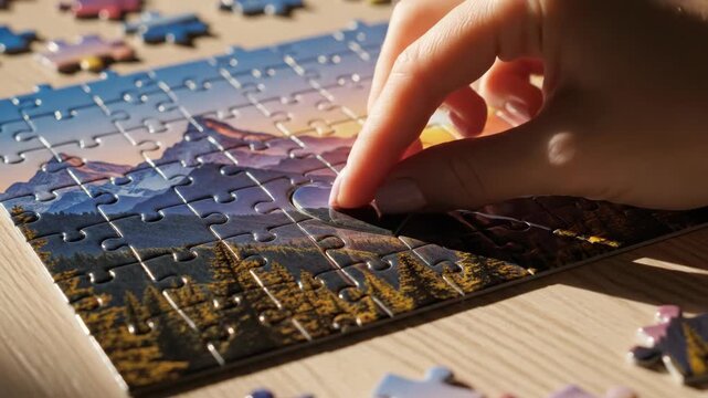 Hand placing a heart-shaped piece into a jigsaw puzzle. Completing the final missing part of a landscape picture. Valentine's Day and love concept